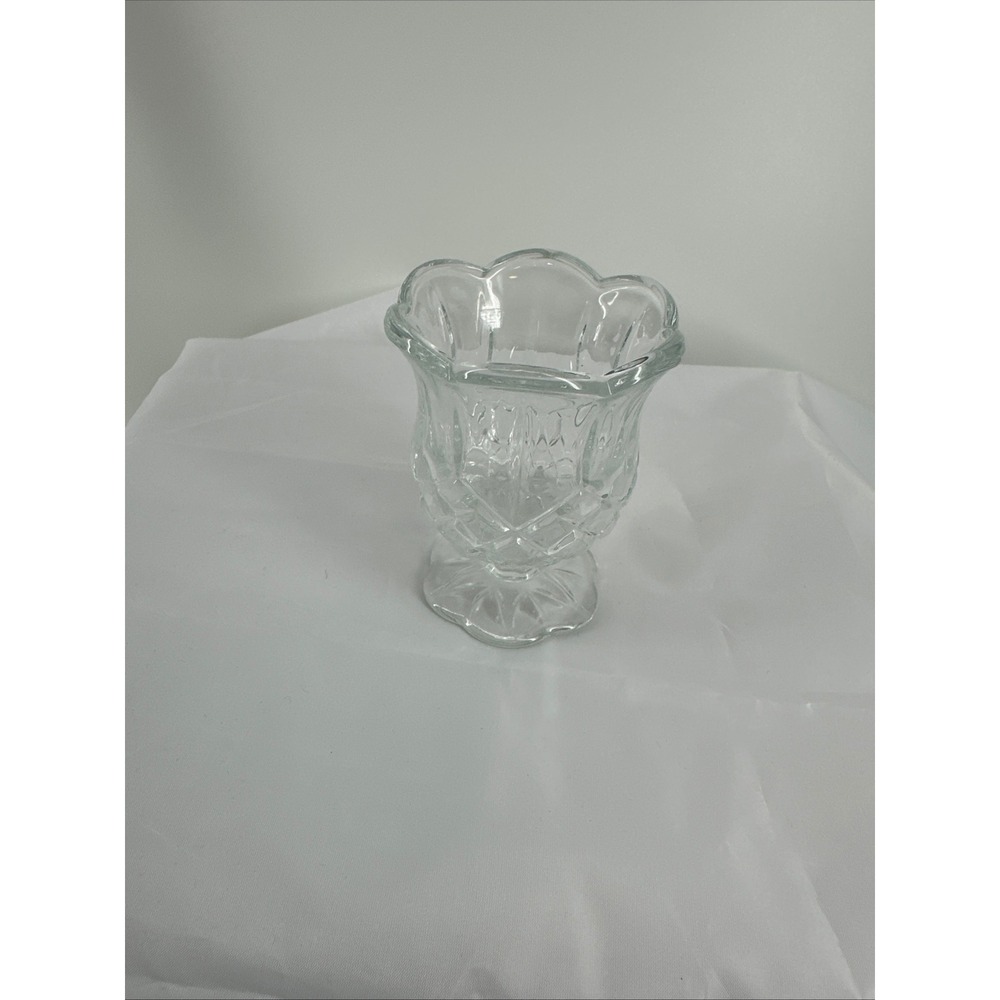 Clear Pressed Glass Diamond Quilted Scalloped Pedestal Votive Bud Vase 5.25in